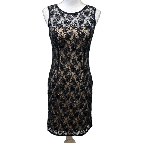 Adrianna Papell Black Lace Embellished Beaded Dress Nude Lined Size 6 NWT - Picture 2 of 14